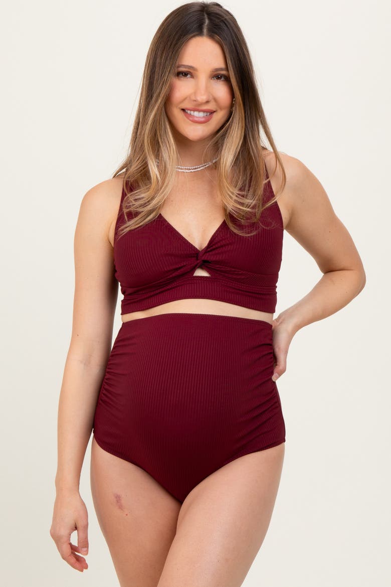 Ribbed Twist Cutout Front Swim Set, Alternate, color, Burgundy