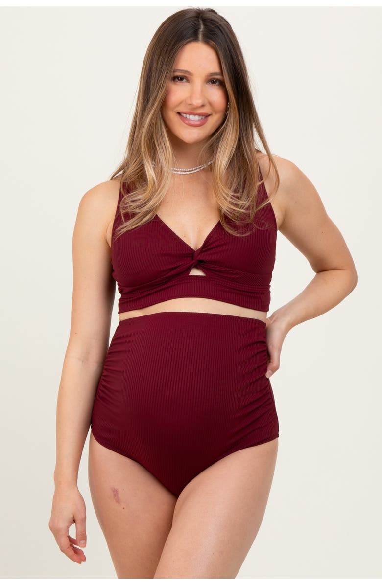 PinkBlush Ribbed Twist Cutout Front Swim Set, Alternate, color, Burgundy