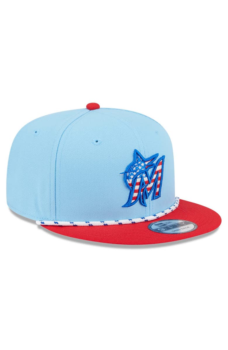 New Era Men's New Era Light Blue/Red Miami Marlins 2025 Fourth of July 9FIFTY Snapback Hat, Alternate, color, 