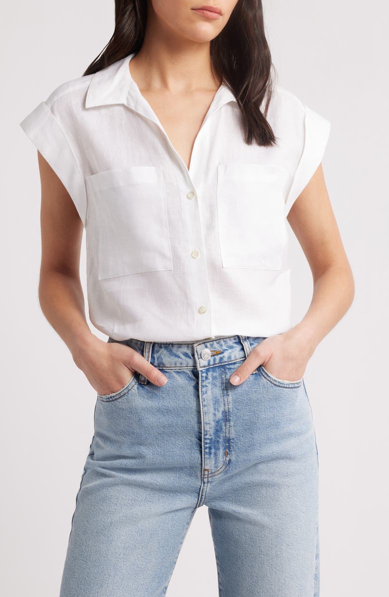 FRAME The Leisure Linen Short Sleeve Button-Up Shirt, Main, color, White