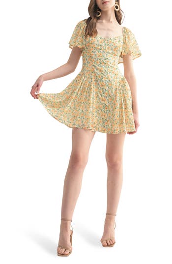 Lush Floral Flutter Sleeve Minidress In Brown