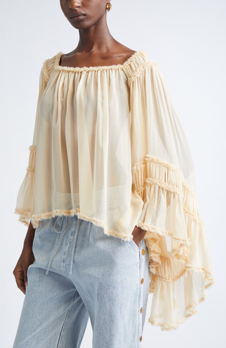 Zimmermann Rebellion Frayed Off the Shoulder Silk Top, Alternate, color, Cream