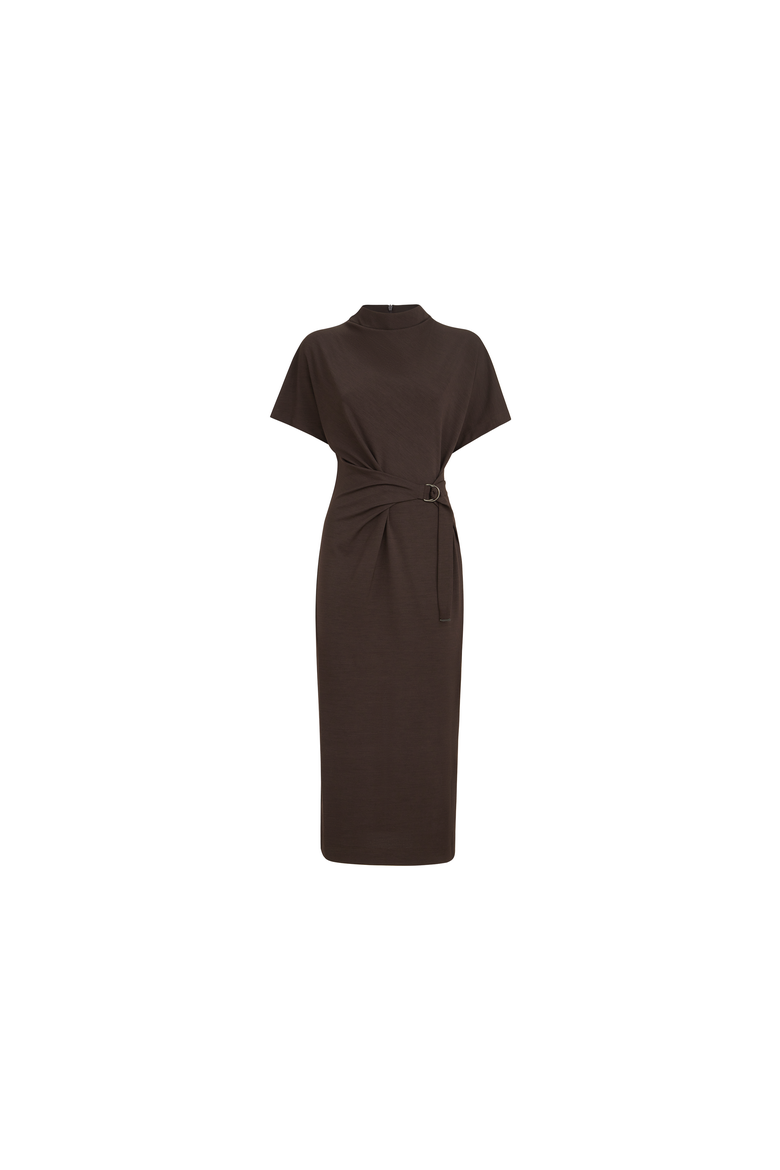 Techno wool jersey wrap belt dress with monili, Alternate, color, Coffee
