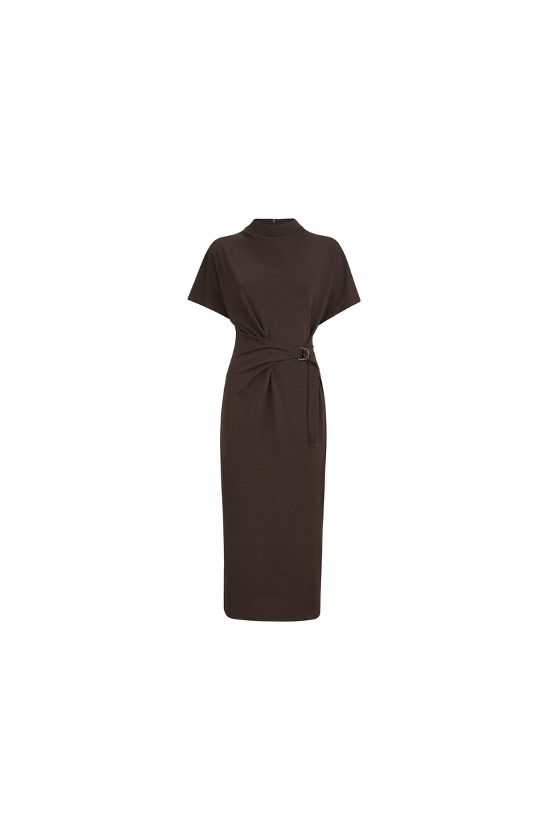 Brunello Cucinelli Techno wool jersey wrap belt dress with monili, Alternate, color,