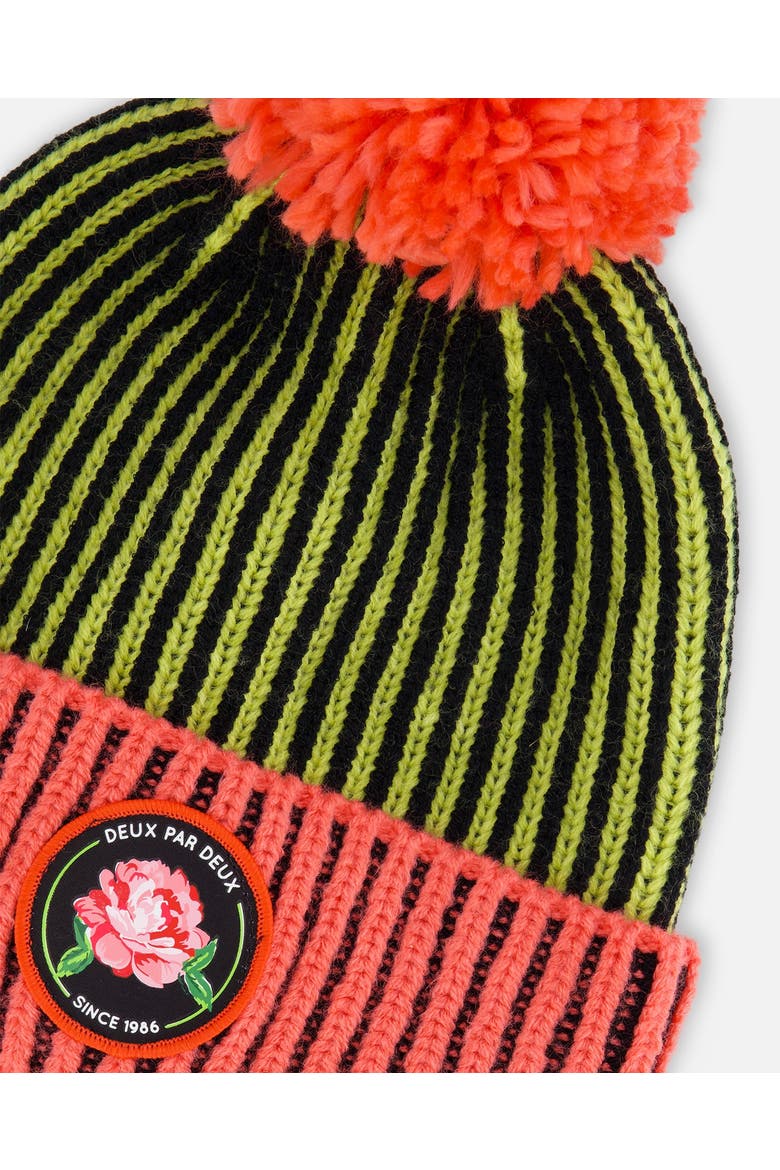 Girl's Knit Hat Black, Lime And Coral, Alternate, color, Vertical Stripes