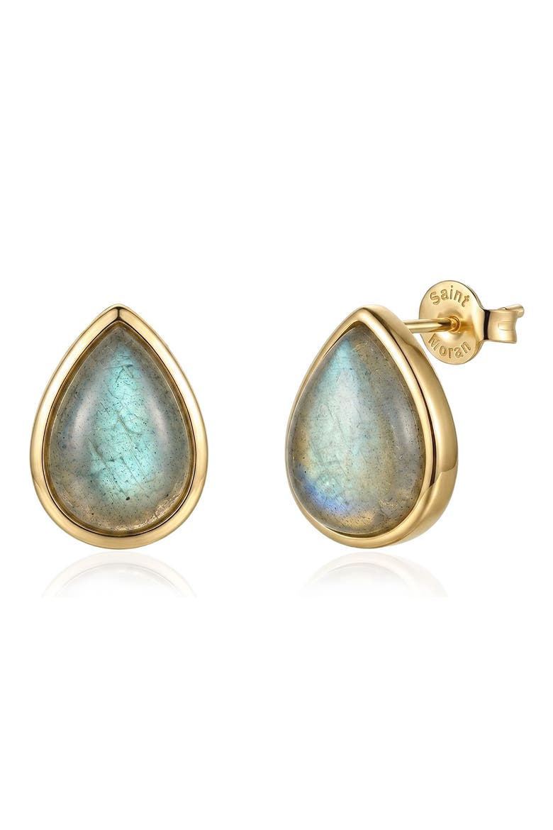 14k Gold Plated Pear Labradorite Stud Earrings, Main, color, GREEN/ GOLD