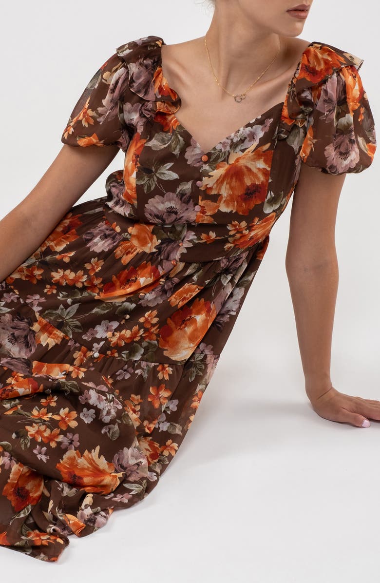 AUGUST SKY Floral Ruffle Trim Maxi Dress, Alternate, color, Mocha Multi