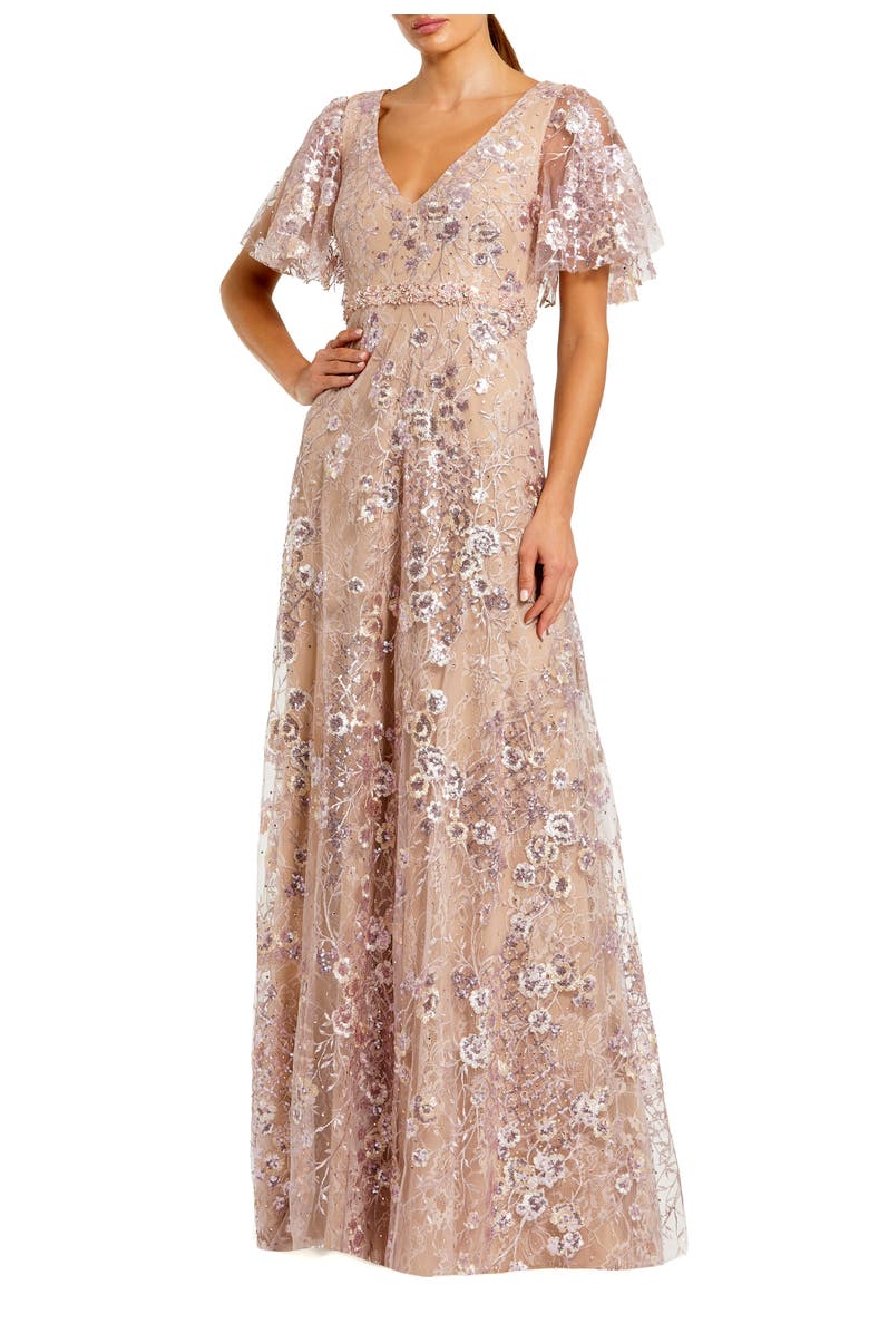 Mac Duggal Lace Embellished Flutter Sleeve A-Line Gown, Main, color, Rose Pink