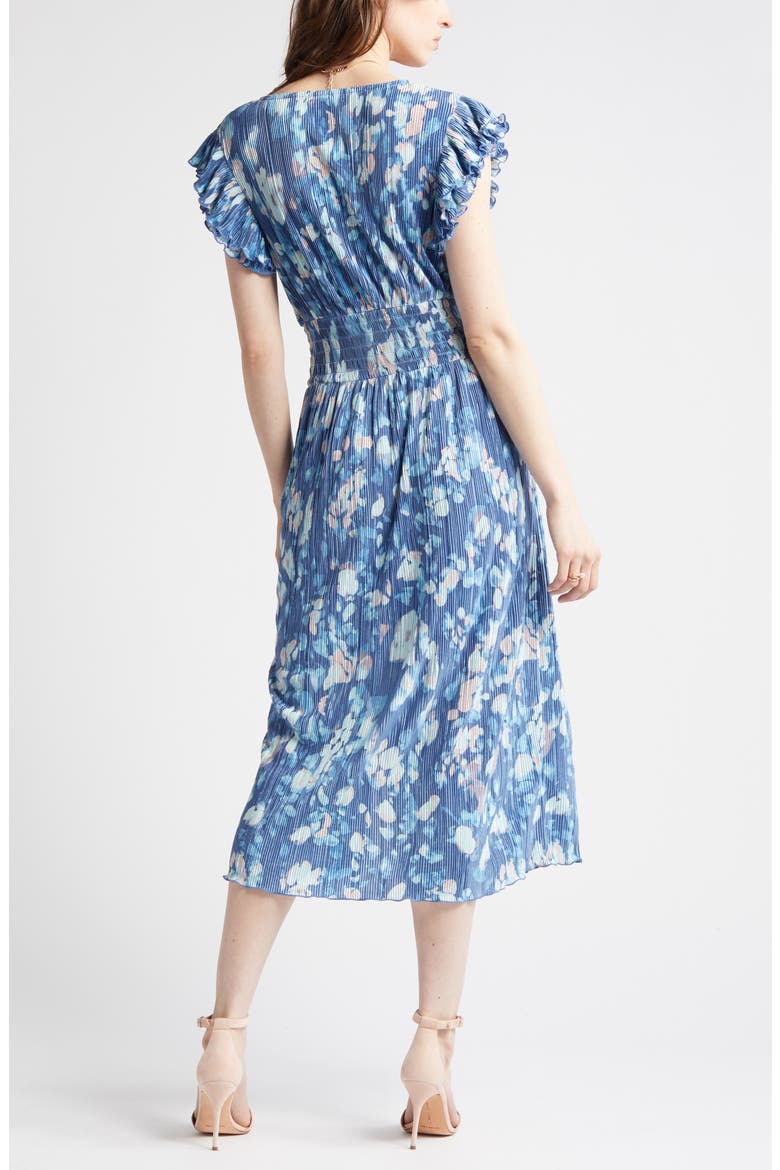 Flutter Sleeve Plissé Midi Dress, Alternate, color, BLUE FADE FLORAL