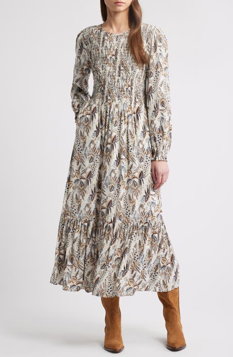 Floral Print Smocked Bodice Long Sleeve Dress