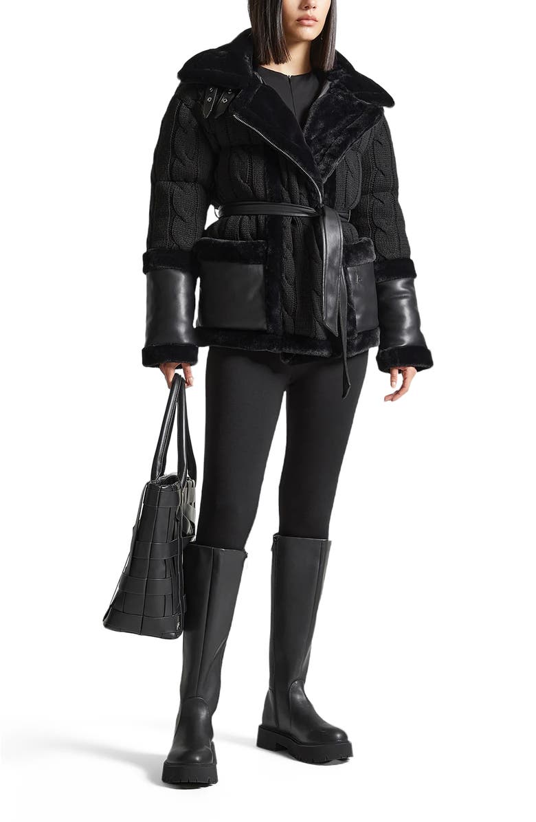 Manière De Voir Tara Knit and Plush Puffer Biker Jacket, Main, color, Black