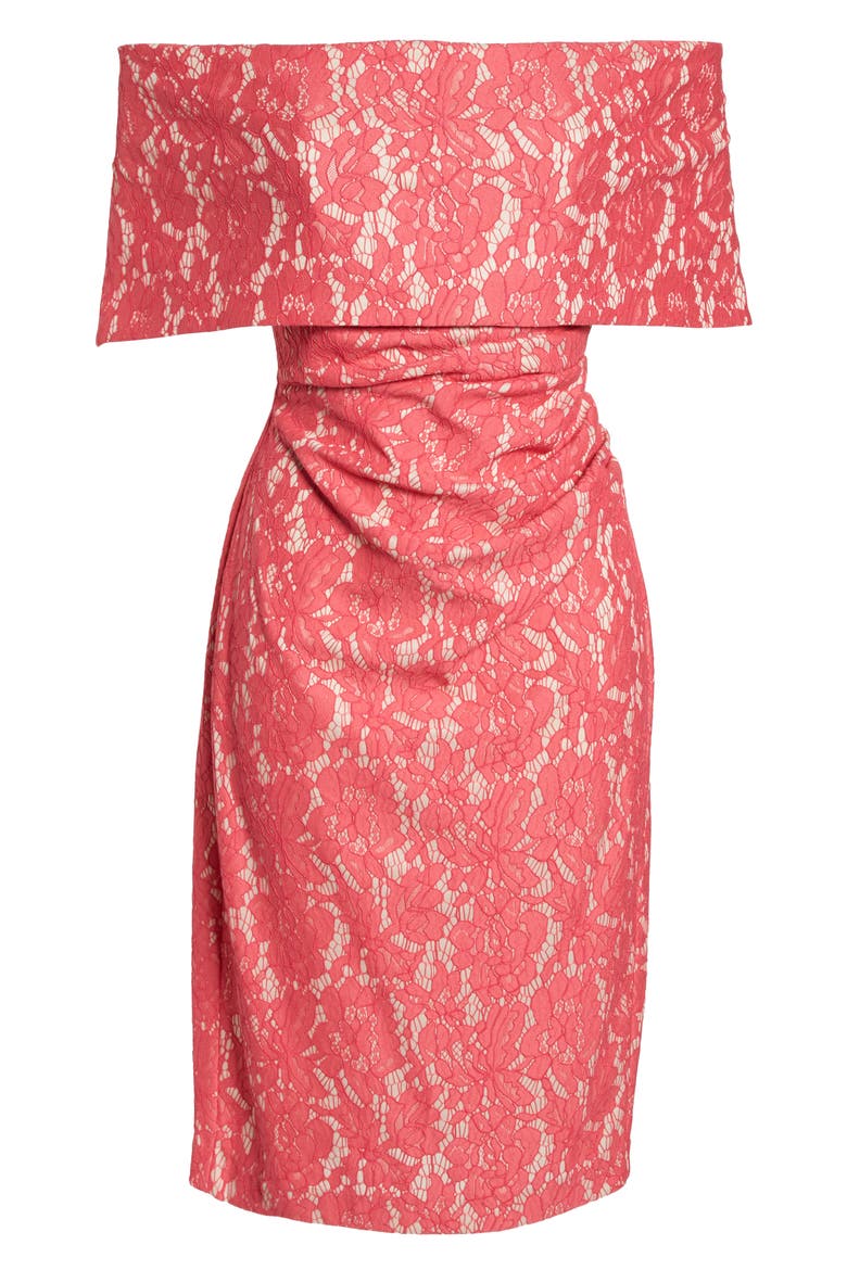 Off the Shoulder Lace Sheath Dress, Alternate, color, FUCHSIA