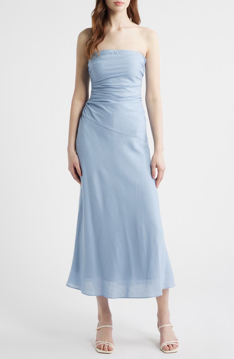 Nia Caricia Strapless Side Ruched Midi Dress, Main, color, Slate Blue