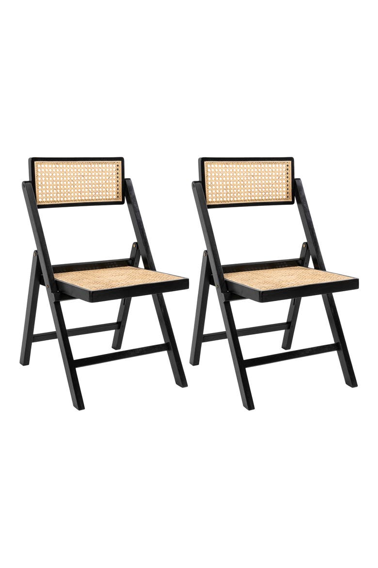 Theo Mid-Century Wood and Rattan Armless Folding Chairs, Set of 2 Woven Cane Seats for Dining and Living Room, Main, color, Black