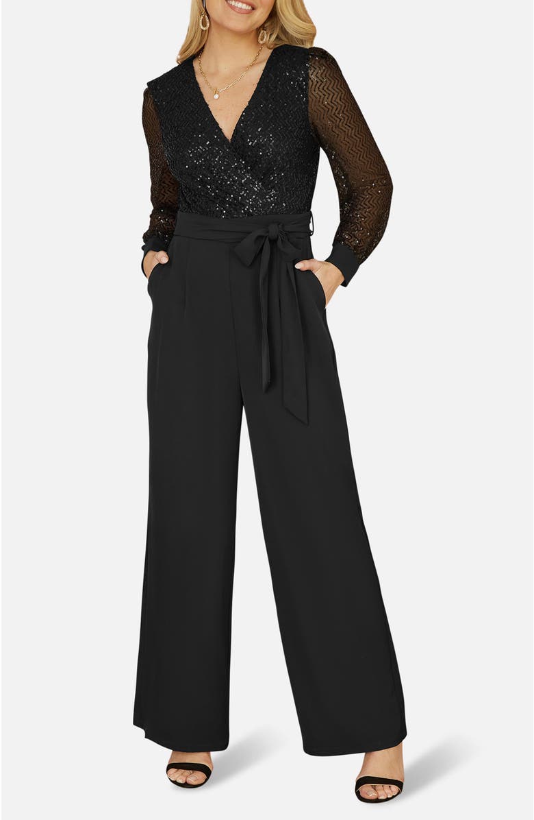 Yumi Sequin Wrap Over Jumpsuit, Alternate, color, Black