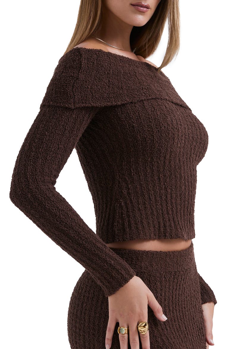 Saffron Rib Off the Shoulder Crop Sweater, Alternate, color, CHOCOLATE BROWN