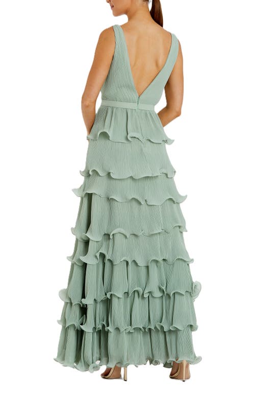 Mac Duggal Sleeveless Ruffle Tiered V Neck Gown In Sage