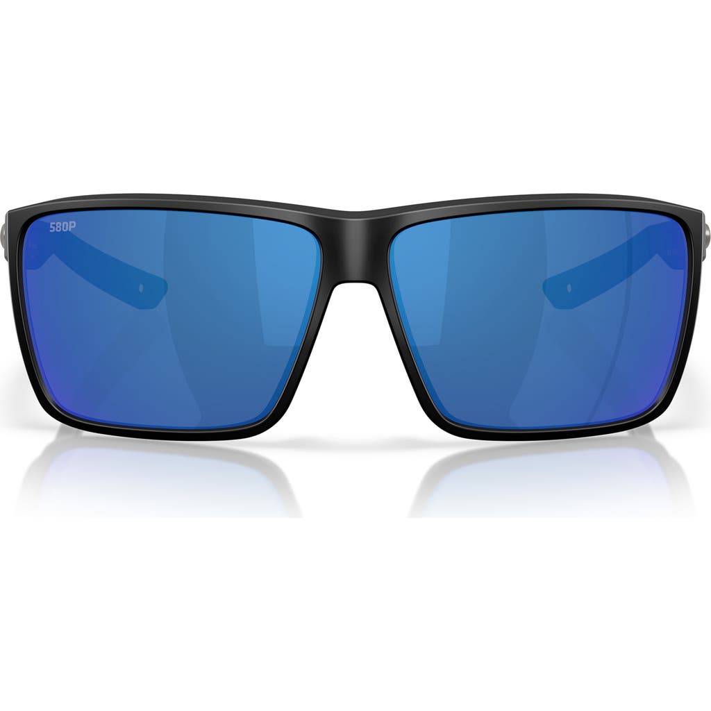 Costa Del Mar Rincon Ii 64mm Mirrored Polarized Oversize Rectangular Sunglasses In Matte Black/blue Mirror 580p