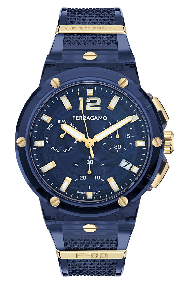 F-80 Translucent Chronograph Recycled Polyurthane Strap Watch, 44mm, Main, color, BLUE