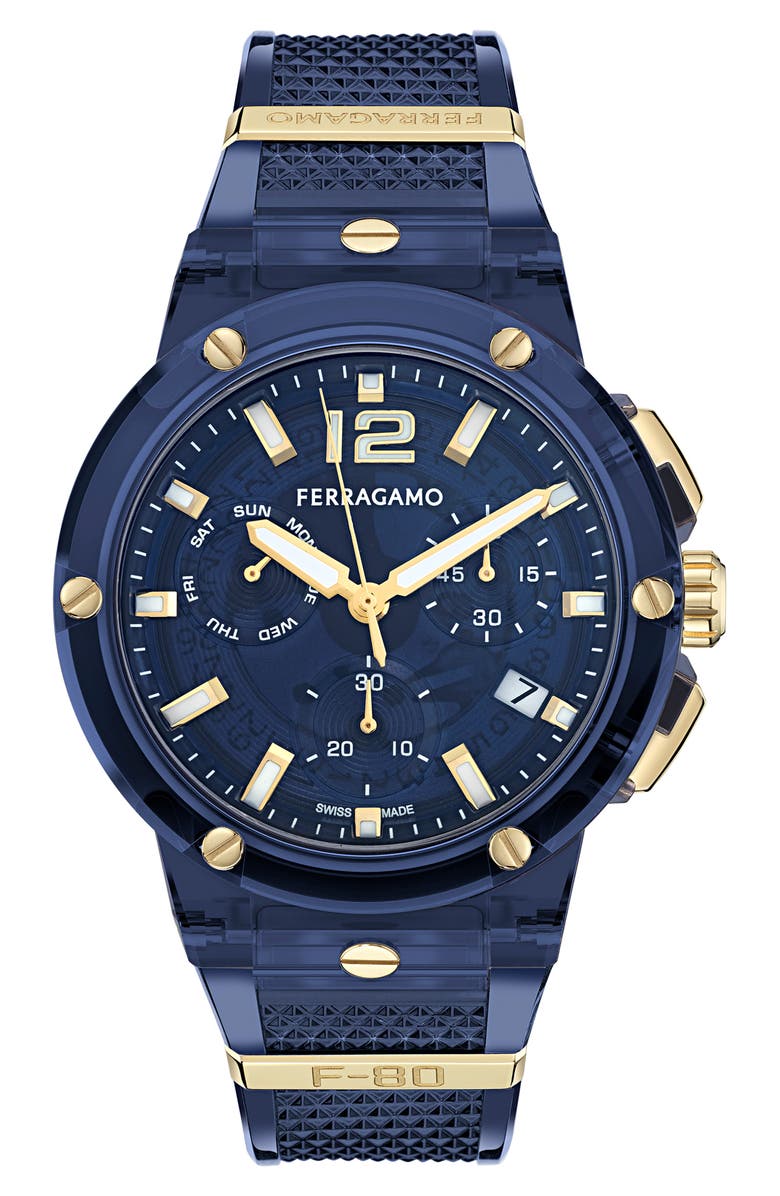 FERRAGAMO F-80 Translucent Chronograph Recycled Polyurthane Strap Watch, 44mm, Main, color, Blue