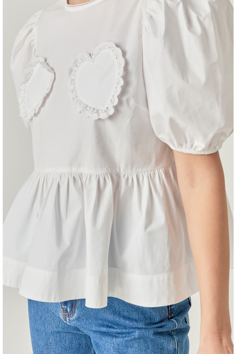 Heart Appliqué Puff Sleeve Peplum Top, Alternate, color, WHITE