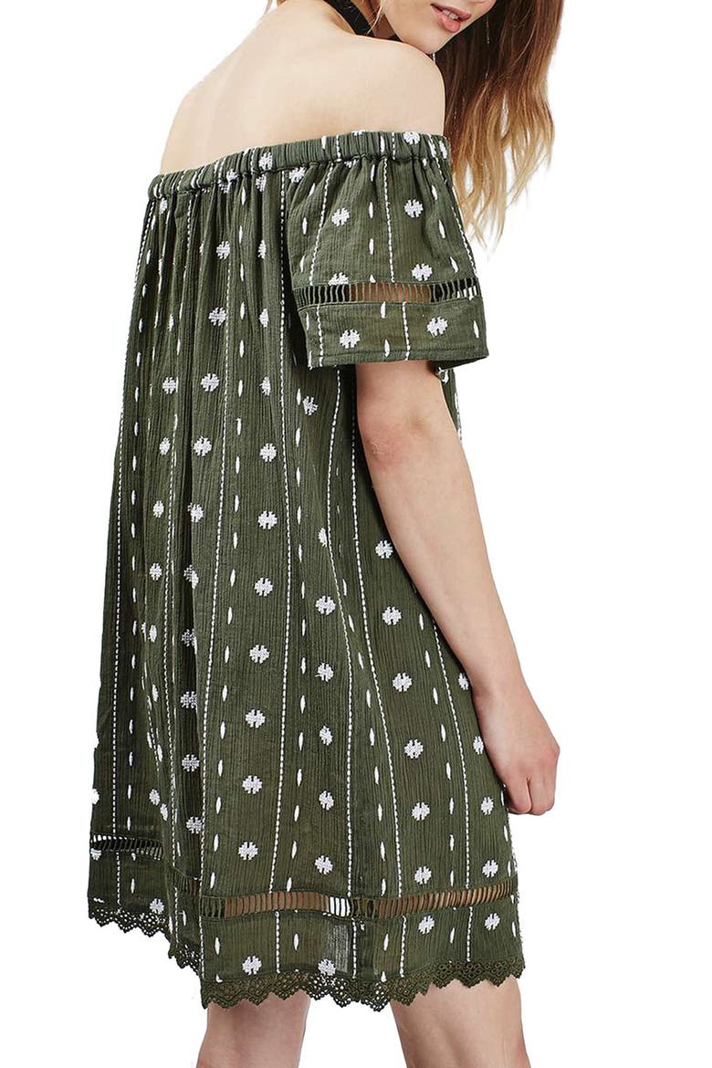 Embroidered Off the Shoulder Dress, Alternate, color, OLIVE