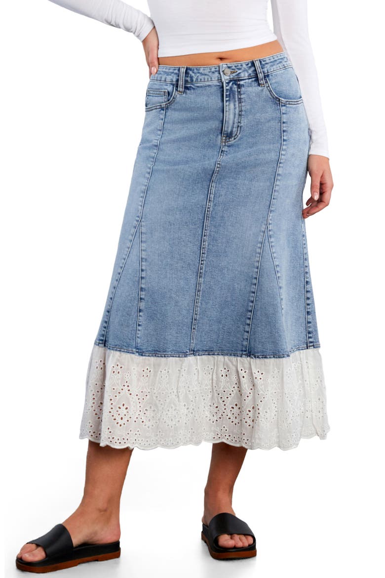 Empress Eyelet Trim Denim Maxi Skirt, Main, color, DENIM STORM