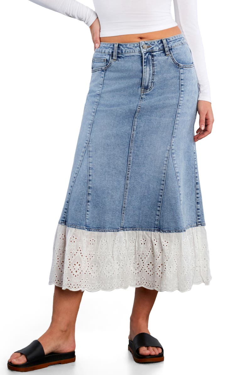 Wash Lab Denim Empress Eyelet Trim Denim Maxi Skirt, Main, color, Denim Storm