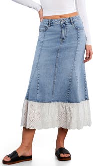 Wash Lab Denim Empress Eyelet Trim Denim Maxi Skirt