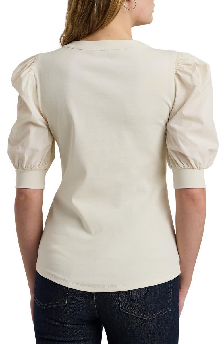 Lauren Ralph Lauren Lace-Up Stretch Cotton Puff Sleeve Top, Alternate, color,