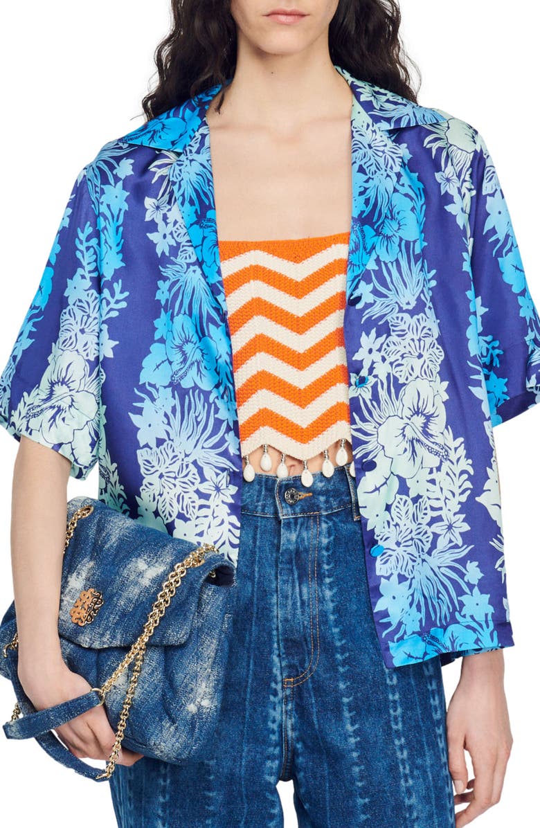 SANDRO Papeete Print Camp Shirt, Alternate, color, Bleu