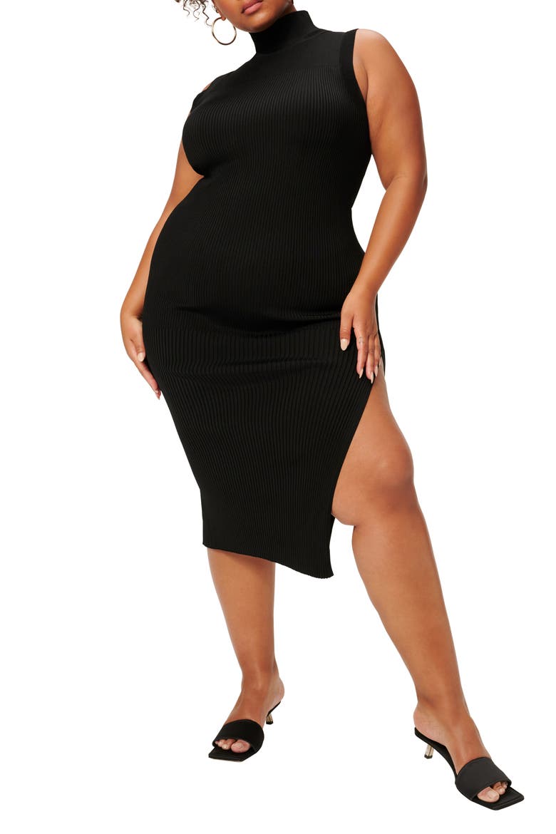 Plaited Sleeveless Rib Midi Dress, Alternate, color, BLACK001