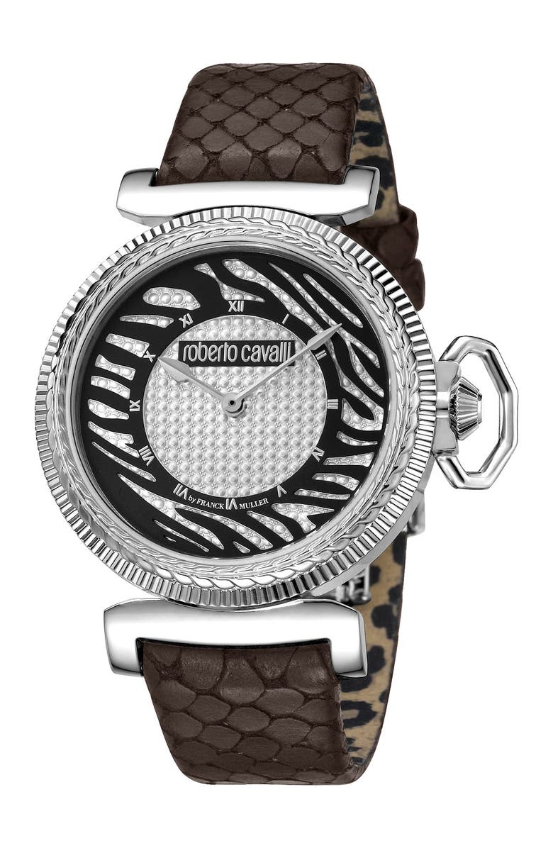 Roberto Cavalli Women's Crystal Embellished Embossed Leather Strap Watch, 38mm, Main, color, 