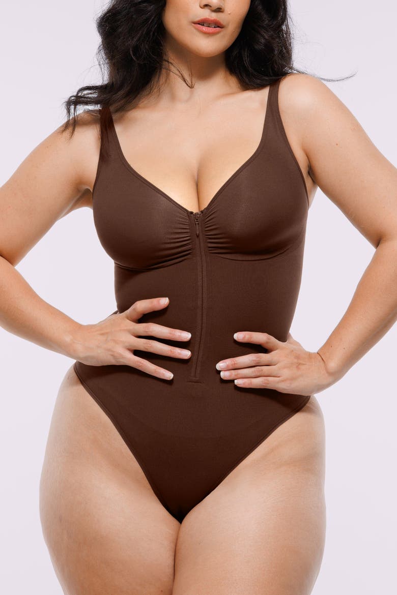Skin Flow Zipper Front Thong Bodysuit, Main, color, Deep Coffee