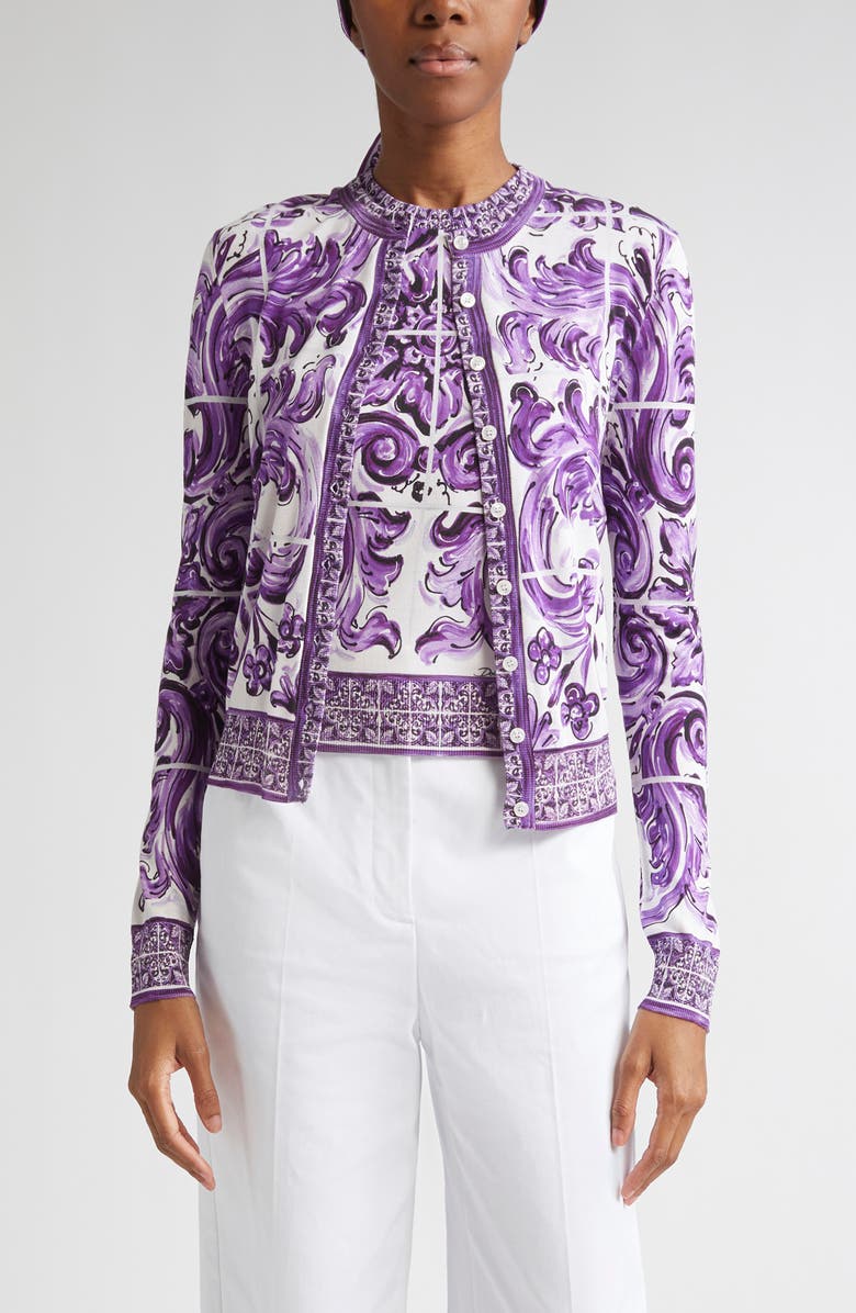 Dolce&Gabbana Majolica Print Silk Cardigan, Main, color, H25dq Maiolica 1L Viola