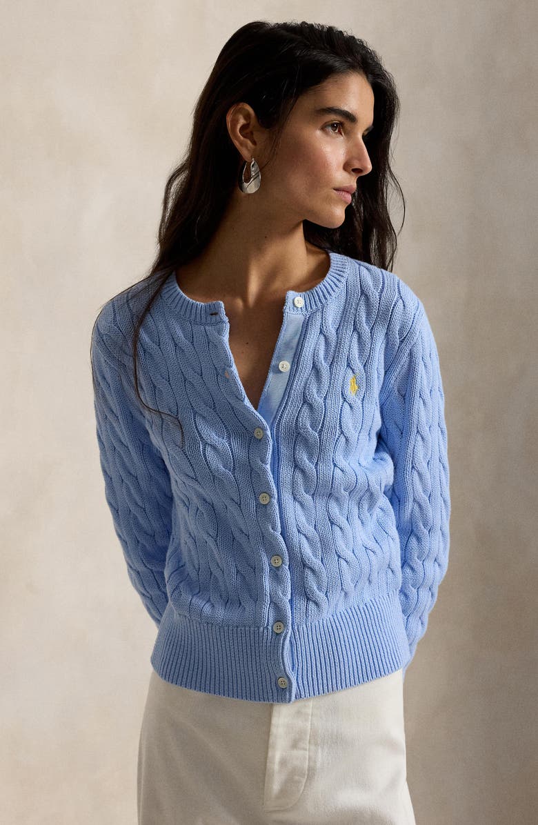 Polo Ralph Lauren Cable Knit Cotton Crewneck Cardigan, Alternate, color, Baby Blue