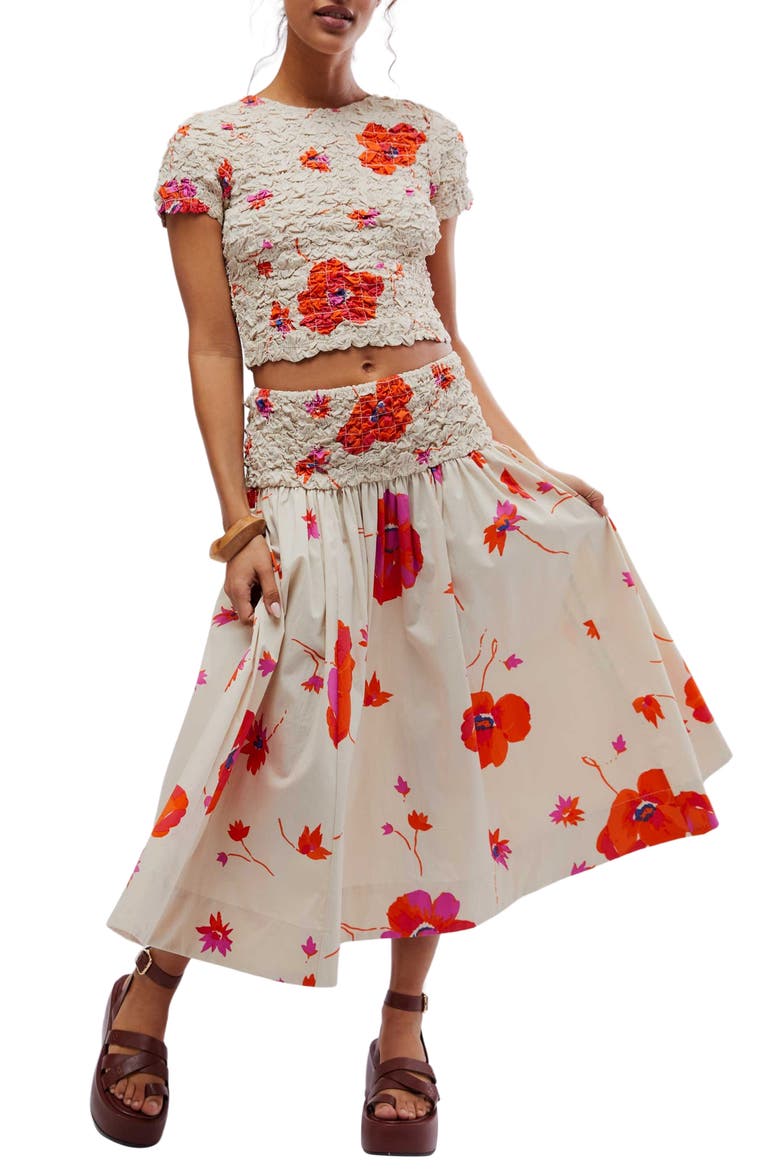 Carino Floral Two-Piece Stretch Cotton Crop Top & Midi Skirt, Main, color, TEA COMBO