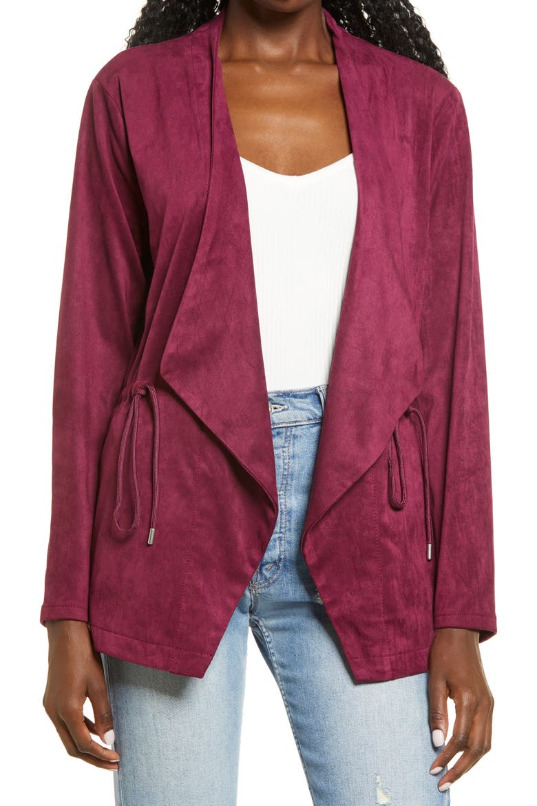 Faux Suede Drapey Jacket, Main, color, BURGUNDY