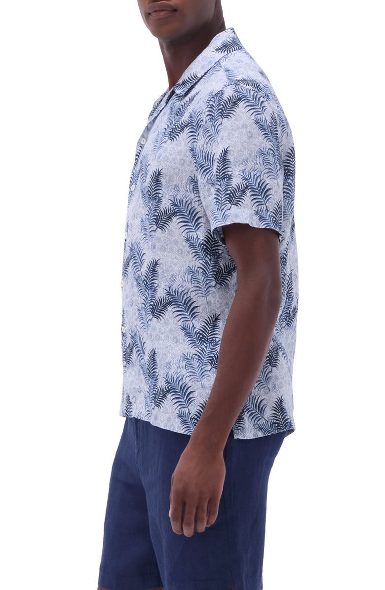 Bugatchi Jackson Floral Leaf Print Linen Camp Shirt, Alternate, color, Teal
