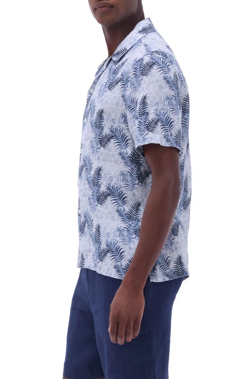 Bugatchi Jackson Floral Leaf Print Linen Camp Shirt In Teal
