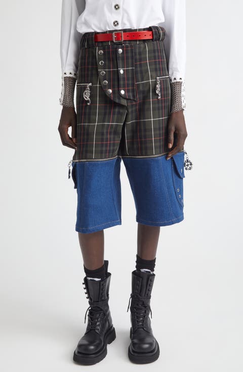 Tartan Extension Shorts with Detachable Denim Panels