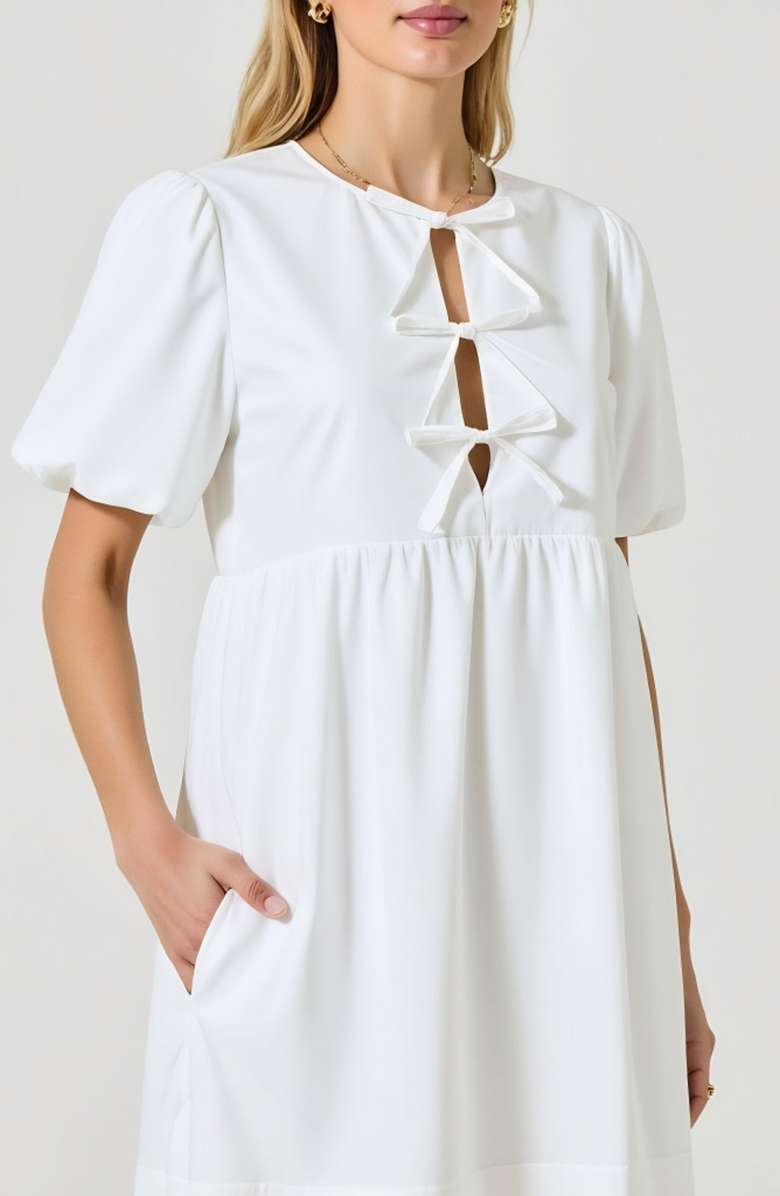 Modenaire Puff Sleeve Mini Dress with Keyhole Front and Bow Tie Detail, Alternate, color, White