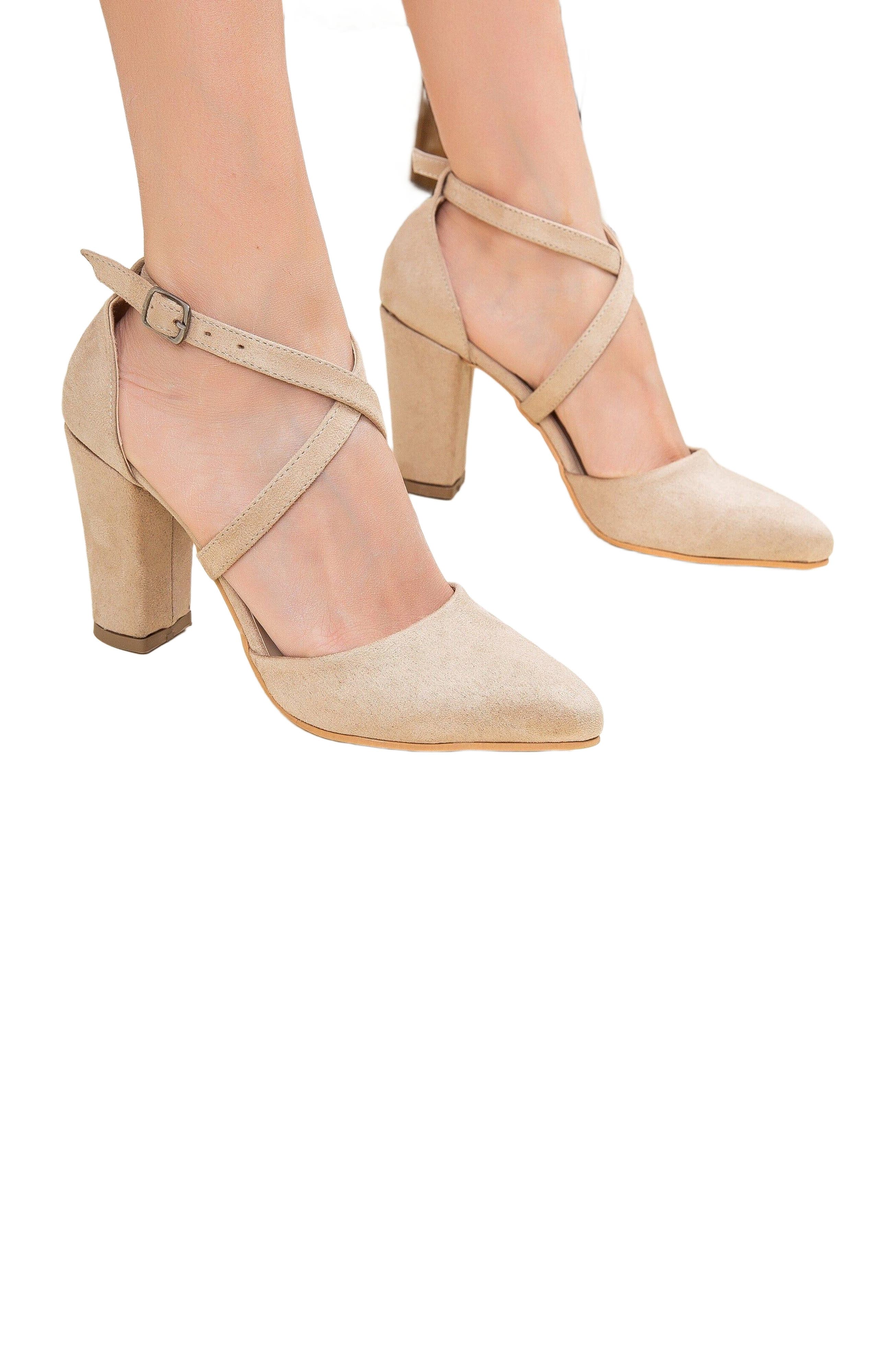 Forever & Always Shoes Sina Criss Cross High Block Heels, Alternate, color, Beige Suede