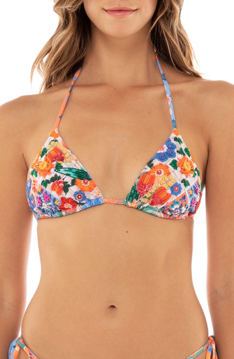 Agua Bendita Lolita Tile Hand Embroidered Triangle Bikini Top, Main, color,