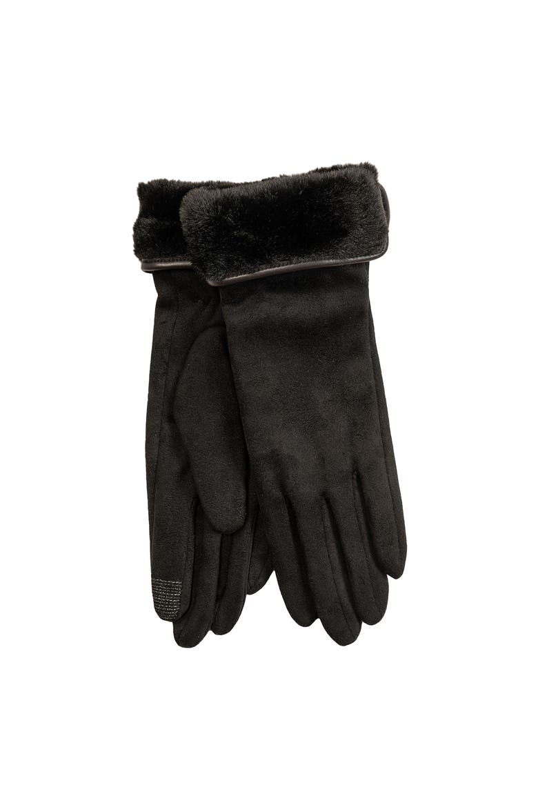 Stretch Suede Fold-Up Faux Fur Cuff Gloves, Alternate, color, Black