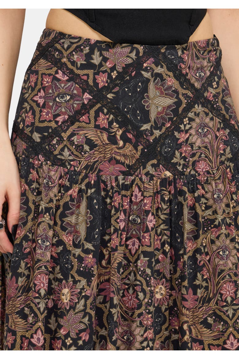 Mythos Print Lace Detail Midaxi Skirt, Alternate, color, Black