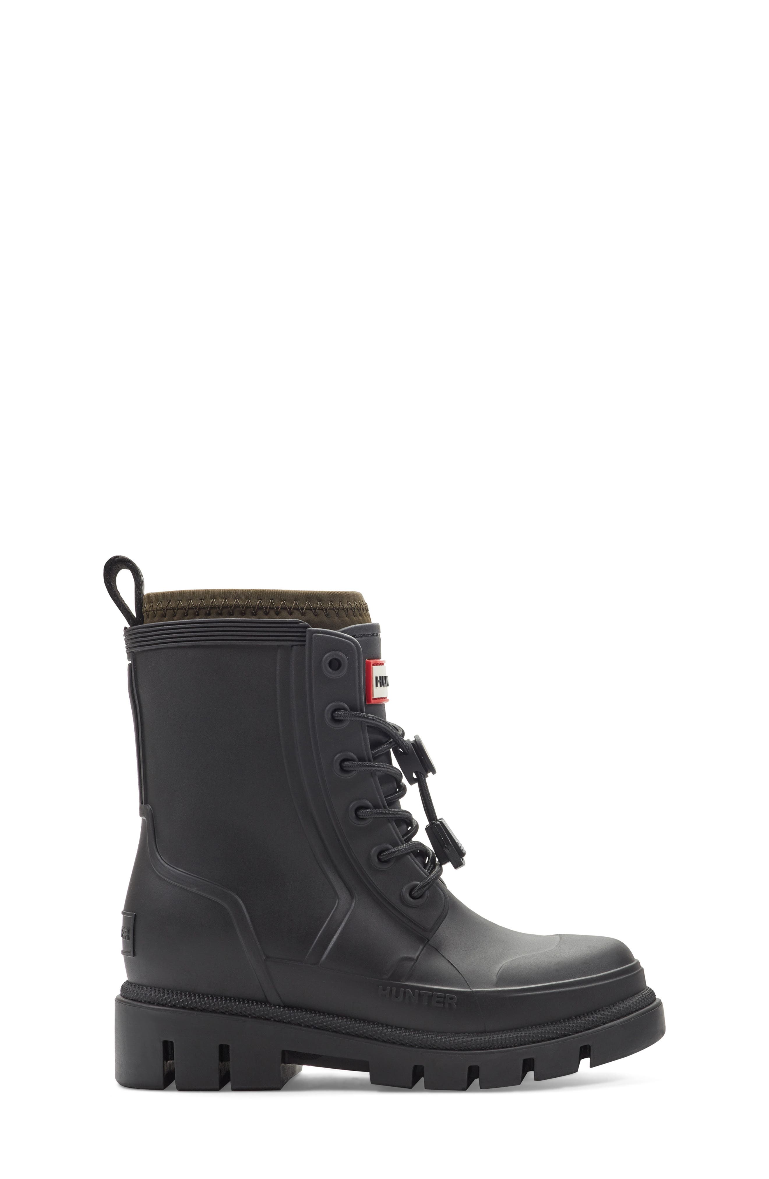 Hunter Kids' Stamp Waterproof Lace-Up Rain Boot, Alternate, color, Black 003