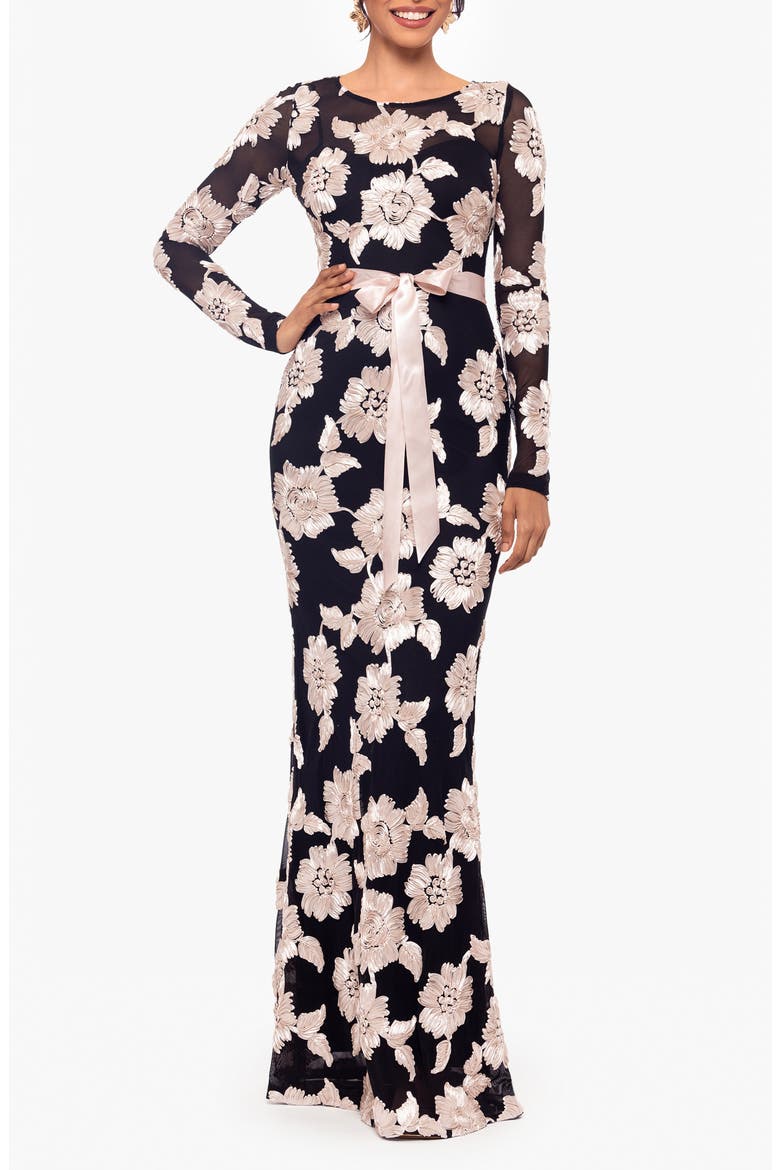 Floral Appliqué Long Sleeve Dress, Main, color, BLACK/ CHAMPAGNE