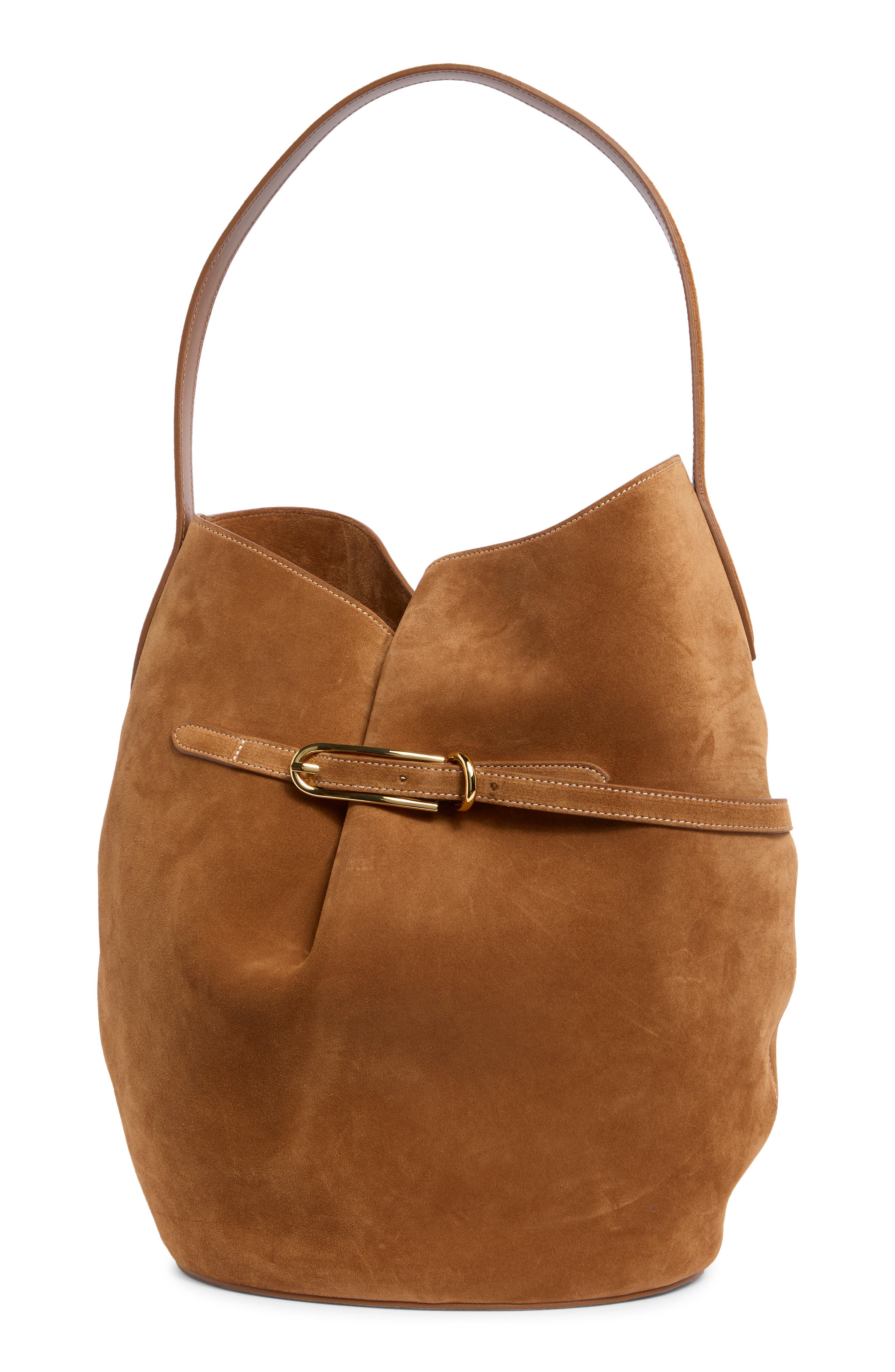 LIFFNER Large Belted Suede Bucket Bag, Main, color, Saddle Brown