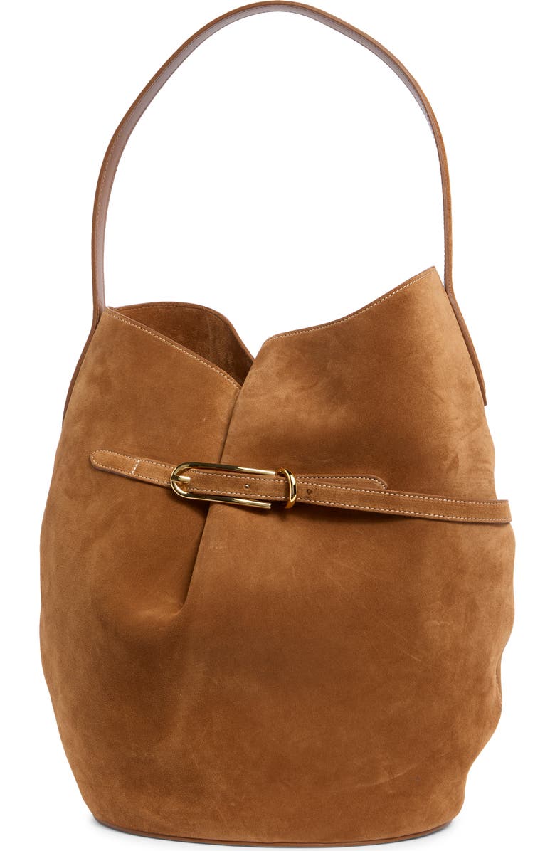 LIFFNER Large Belted Suede Bucket Bag, Main, color, Saddle Brown